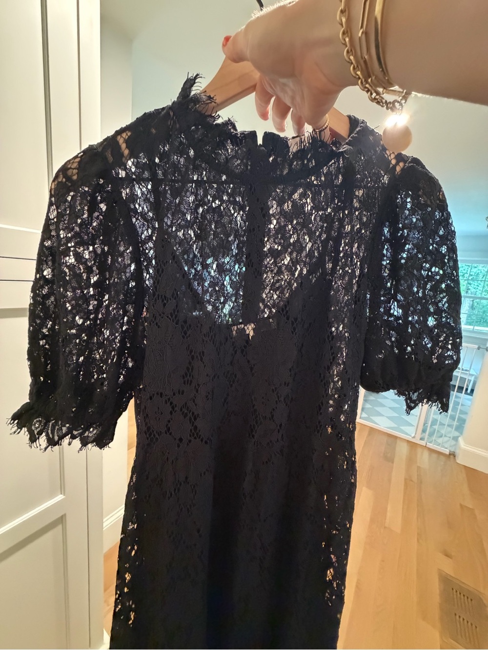 Black Lace Puff-Sleeve Dress
